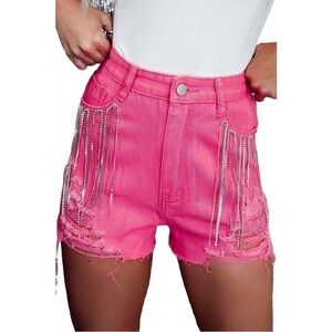 Vibrant Pink Jean Shorts with Fringe Accents Size M